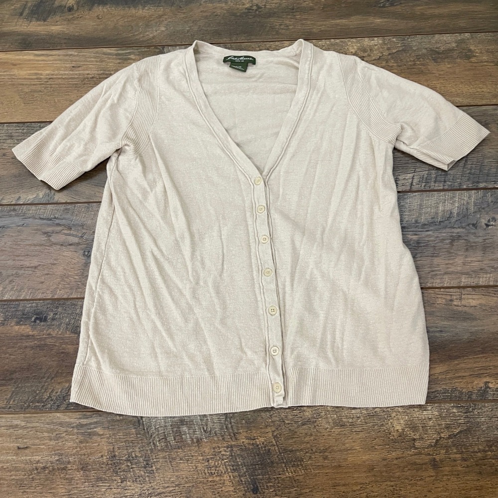 Eddie Bauer Womens XL Beige Linen Cotton Blend Short Sleeve V-Neck Cardigan
